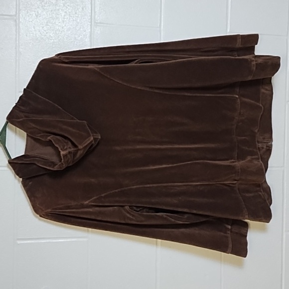 JMS Brown Velour Hooded Jacket Top 1X 16W Detailed Shoulder Pockets Zip Front - Picture 3 of 12